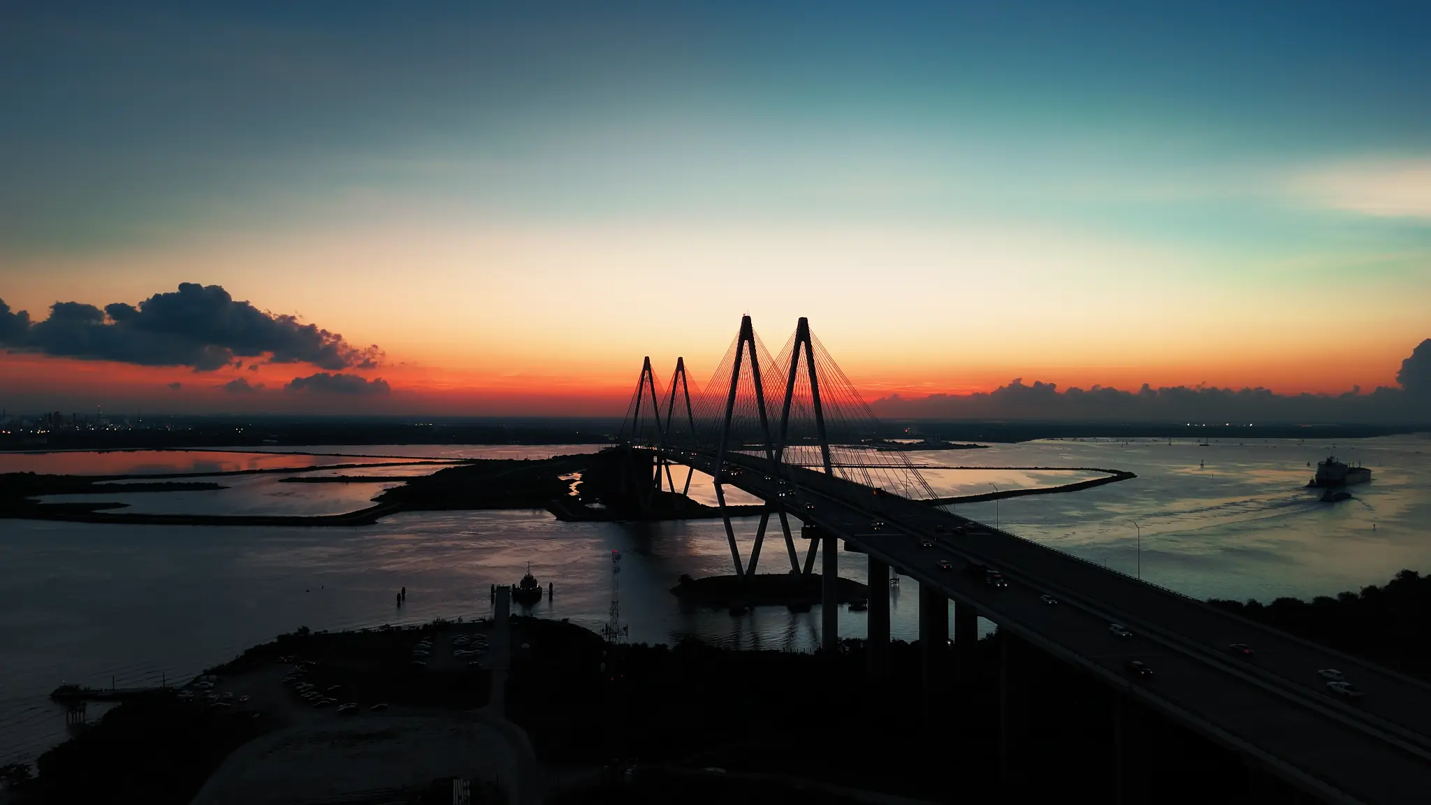 Cable-stayed bridge at sunset over the Houston Ship Channel